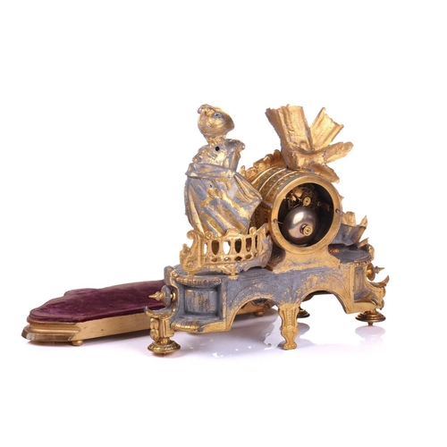 387 - A late 19th century French parcel gilt spelter clock, depicting a nobleman standing beside a drum ho... 