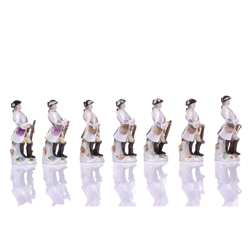 392 - A group of seven Meissen porcelain soldier figures, 20th century after the 18th century originals, e... 