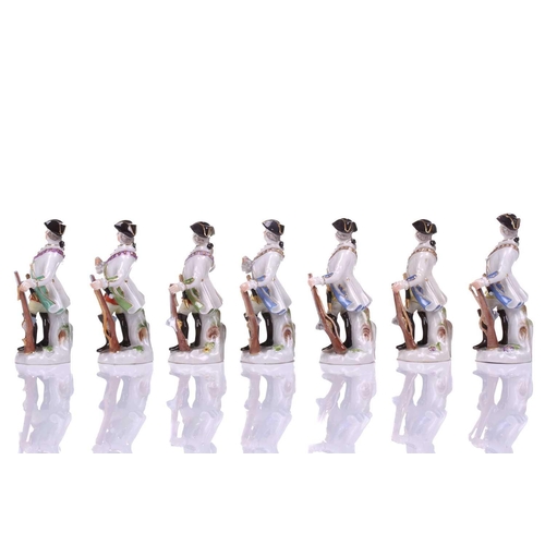 392 - A group of seven Meissen porcelain soldier figures, 20th century after the 18th century originals, e... 