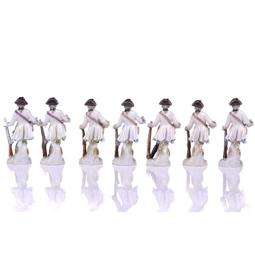 392 - A group of seven Meissen porcelain soldier figures, 20th century after the 18th century originals, e... 