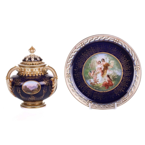 395 - An early 20th century Coalport Bleu de Roi three-handled potpourri and cover and inner lid, The cove... 