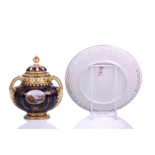 395 - An early 20th century Coalport Bleu de Roi three-handled potpourri and cover and inner lid, The cove... 