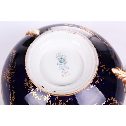 395 - An early 20th century Coalport Bleu de Roi three-handled potpourri and cover and inner lid, The cove... 