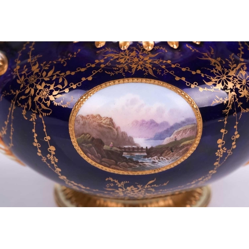 395 - An early 20th century Coalport Bleu de Roi three-handled potpourri and cover and inner lid, The cove... 