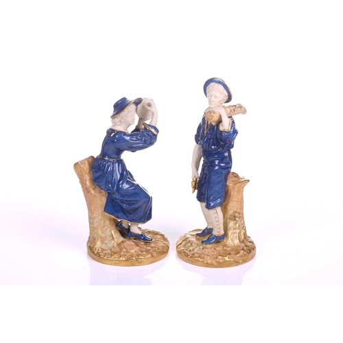 396 - A series of six Royal Worcester James Hadley blush gilt and powder blue porcelain figures involved i... 