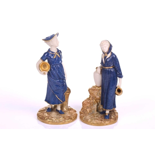 396 - A series of six Royal Worcester James Hadley blush gilt and powder blue porcelain figures involved i... 