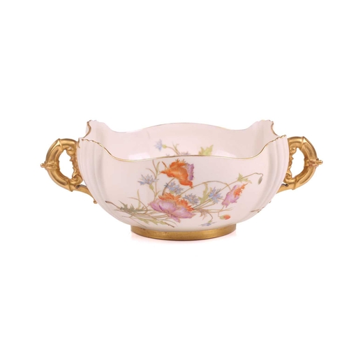 398 - A Royal Worcester shaped square bowl, floral decoration on an ivory ground, gilt line rim, loop hand... 