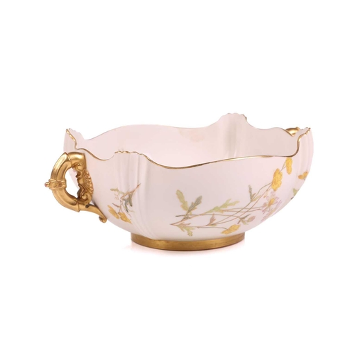 398 - A Royal Worcester shaped square bowl, floral decoration on an ivory ground, gilt line rim, loop hand... 