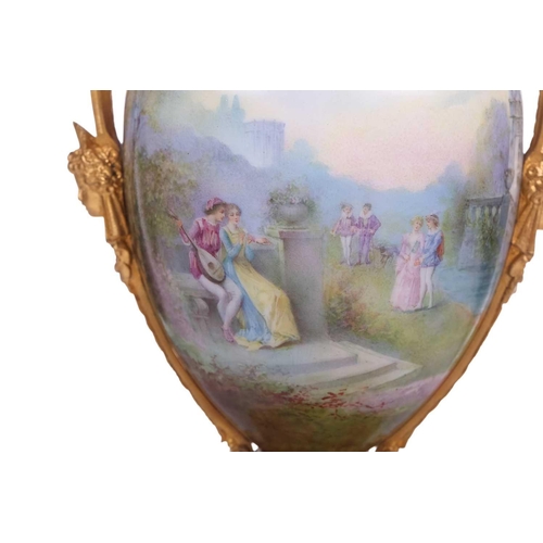 399 - A French porcelain ormolu mounted oval two-handled vase, c1900, painted in the round with Italianate... 