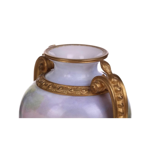 399 - A French porcelain ormolu mounted oval two-handled vase, c1900, painted in the round with Italianate... 