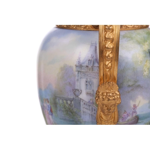 399 - A French porcelain ormolu mounted oval two-handled vase, c1900, painted in the round with Italianate... 