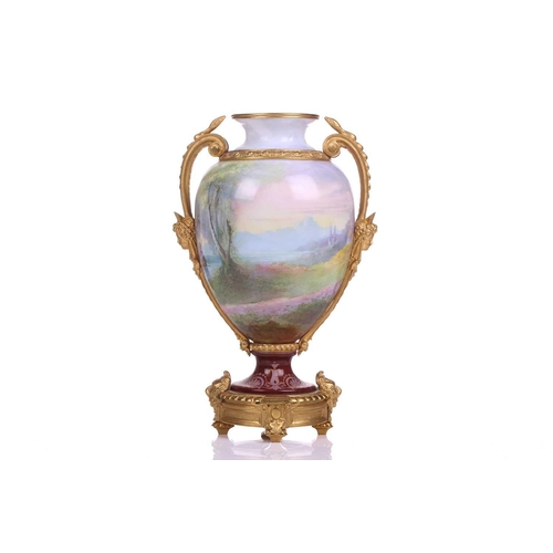 399 - A French porcelain ormolu mounted oval two-handled vase, c1900, painted in the round with Italianate... 