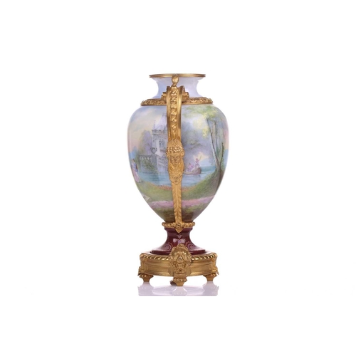 399 - A French porcelain ormolu mounted oval two-handled vase, c1900, painted in the round with Italianate... 