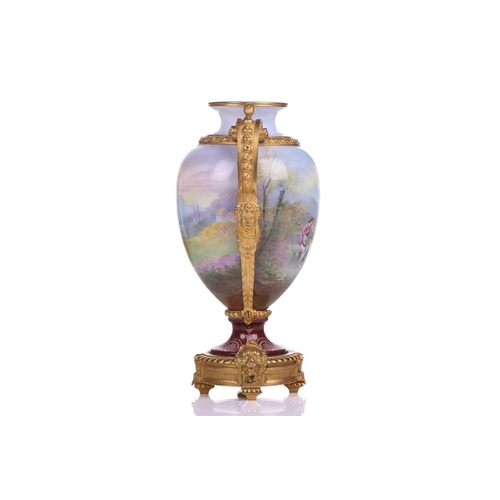 399 - A French porcelain ormolu mounted oval two-handled vase, c1900, painted in the round with Italianate... 