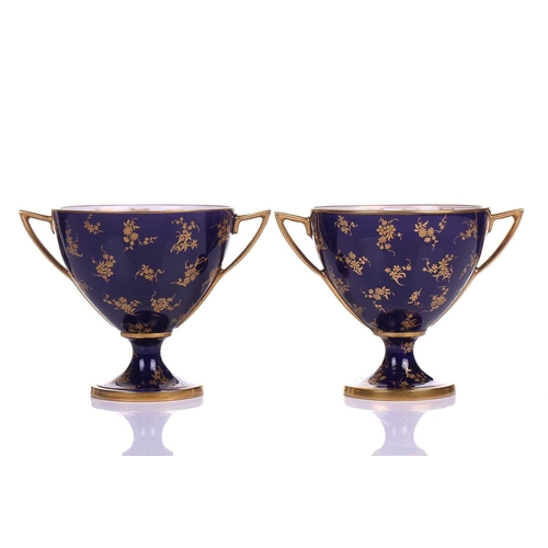 406 - A pair of early 20th century Royal Worcester Bleu de Roi porcelain twin-handled sweetmeat urns, pain... 