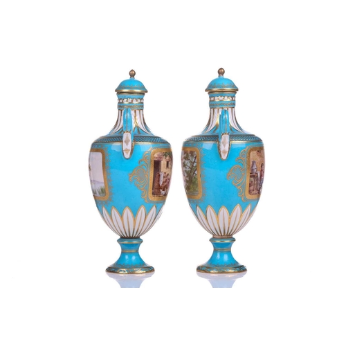 407 - A pair of small Sevres Bleu Celeste two-handled vases and covers,19th century, each painted with sce... 