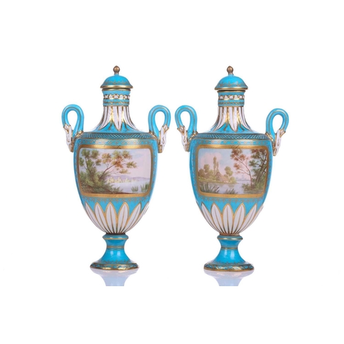 407 - A pair of small Sevres Bleu Celeste two-handled vases and covers,19th century, each painted with sce... 