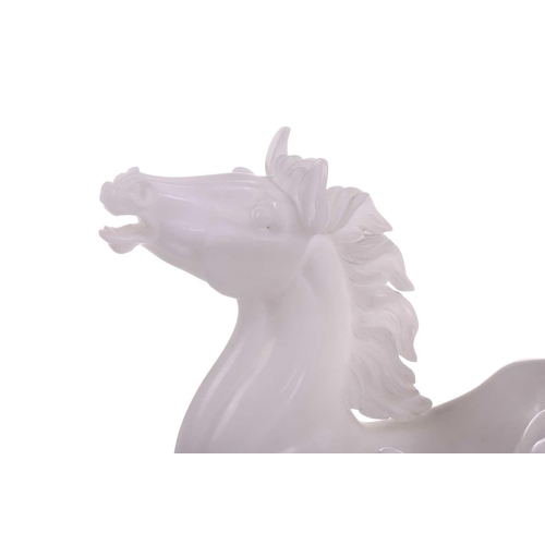 417 - A large contemporary white marble sculpture of two galloping horses, 37 cm x 64 cm.