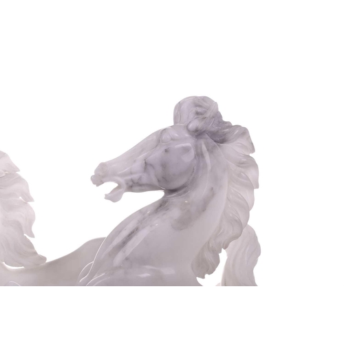 417 - A large contemporary white marble sculpture of two galloping horses, 37 cm x 64 cm.