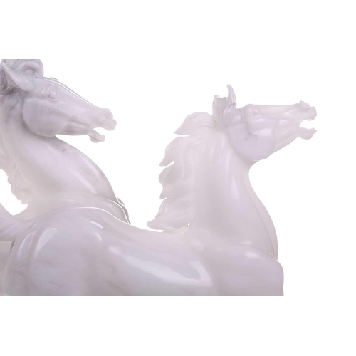 417 - A large contemporary white marble sculpture of two galloping horses, 37 cm x 64 cm.