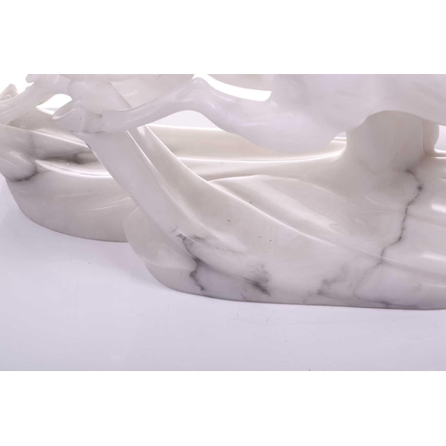 417 - A large contemporary white marble sculpture of two galloping horses, 37 cm x 64 cm.