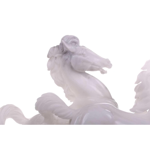 417 - A large contemporary white marble sculpture of two galloping horses, 37 cm x 64 cm.