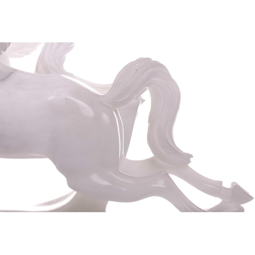 417 - A large contemporary white marble sculpture of two galloping horses, 37 cm x 64 cm.