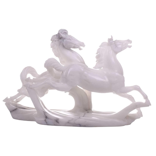 417 - A large contemporary white marble sculpture of two galloping horses, 37 cm x 64 cm.