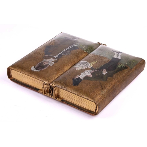 419 - A 19th-century Continental tooled leather bound double photograph album, the cover painted with a Da... 