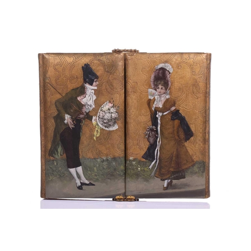 419 - A 19th-century Continental tooled leather bound double photograph album, the cover painted with a Da... 