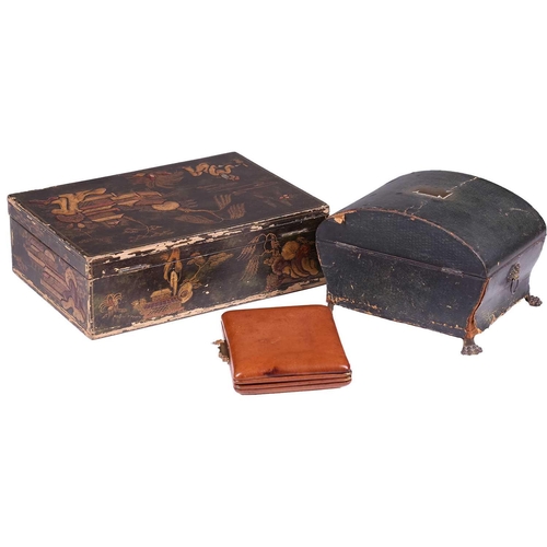 435 - A regency sewing box of casket form, green morocco decorated with brass appliques, on four lion paw ... 