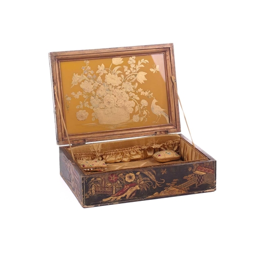 435 - A regency sewing box of casket form, green morocco decorated with brass appliques, on four lion paw ... 