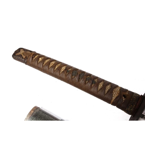 455 - A Japanese Katana, probably Meiji, 19th/20th century, with cord-lashed tsuka decorated with gilt men... 