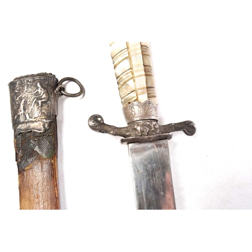 457 - A French 18th-century silver mounted hunting short sword with a wrythern mother of pearl grip and 