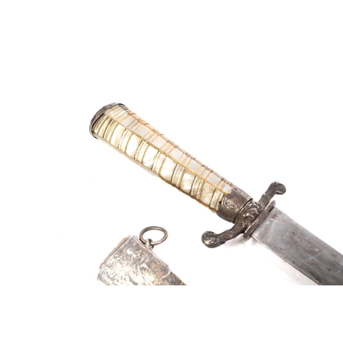 457 - A French 18th-century silver mounted hunting short sword with a wrythern mother of pearl grip and 