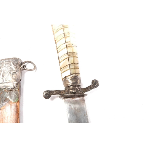 457 - A French 18th-century silver mounted hunting short sword with a wrythern mother of pearl grip and 