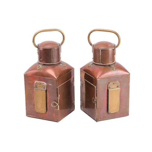 465 - A pair of copper and brass ship's port and starboard lamps with oil burners and faceted green and re... 