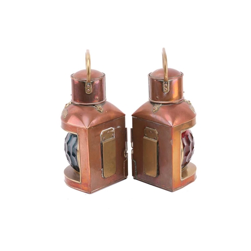 465 - A pair of copper and brass ship's port and starboard lamps with oil burners and faceted green and re... 