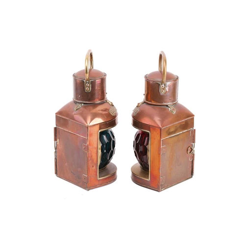 465 - A pair of copper and brass ship's port and starboard lamps with oil burners and faceted green and re... 