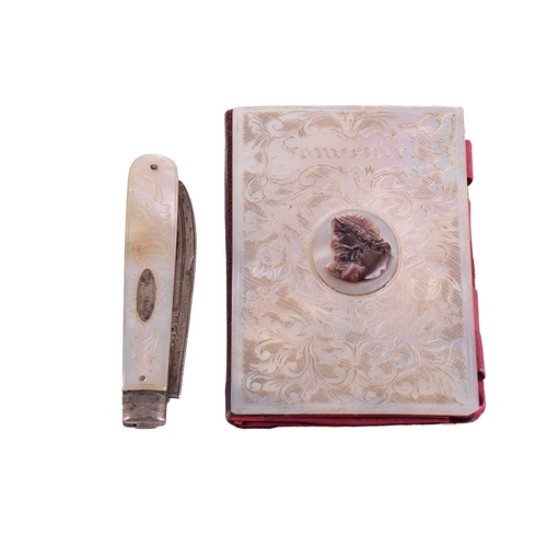 468 - Collection of mother-of-pearl items including a Palais Royal type mussel shell needlework etui with ... 