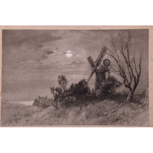 79 - Frederick George Cotman (1850 - 1920), 'Mill Moonlight' monochrome, 11.7cm x 18cm, 'A Feeding Trough... 