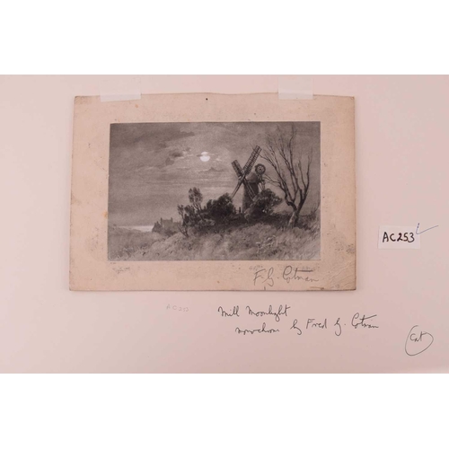 79 - Frederick George Cotman (1850 - 1920), 'Mill Moonlight' monochrome, 11.7cm x 18cm, 'A Feeding Trough... 