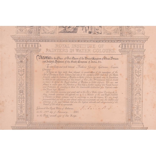 90 - A framed certificate from the Royal Institute of Painters in Watercolour awarded to Frederick George... 