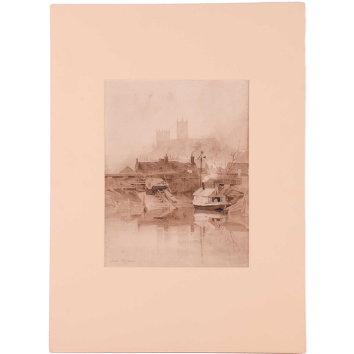 92 - Frederick George Cotman (1850 - 1920), 'Lincoln Cathedral (from the river)', signed, monochrome, ove... 