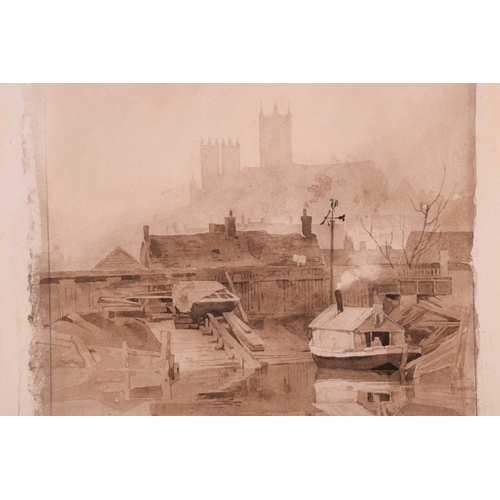 92 - Frederick George Cotman (1850 - 1920), 'Lincoln Cathedral (from the river)', signed, monochrome, ove... 