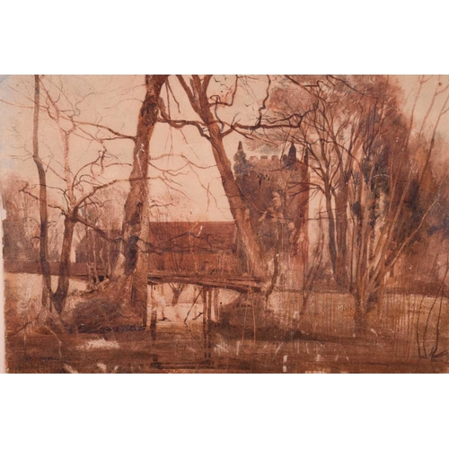 92 - Frederick George Cotman (1850 - 1920), 'Lincoln Cathedral (from the river)', signed, monochrome, ove... 