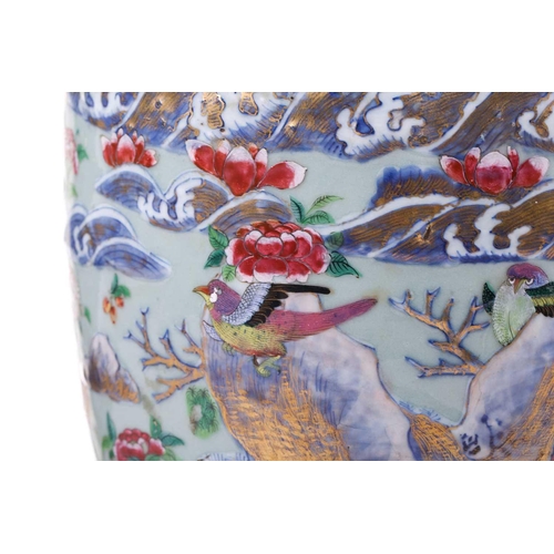 123 - A large Chinese Famile Rose baluster vase, Qing Dynasty, probably Daoguang, with stylized fungus han... 