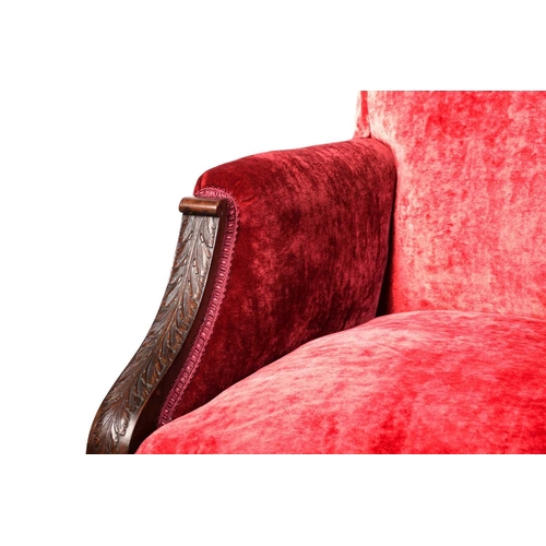 126 - A pair of 19th-century-style scroll-backed fireside armchairs with crimson velvet stuff over upholst... 