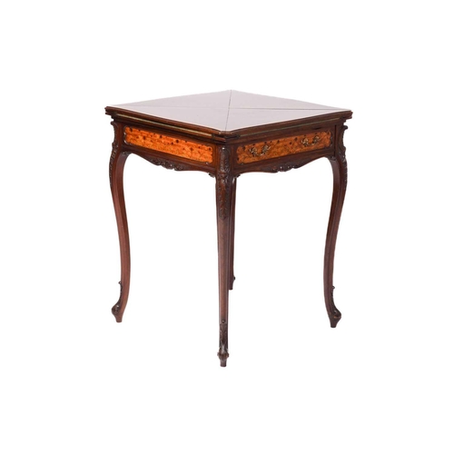 135 - A late Victorian mahogany envelope card table, the shaped square top with satinwood crossbanding ove... 