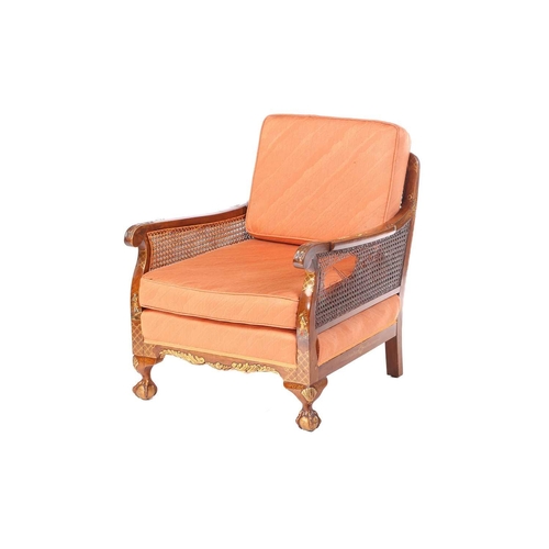 136 - An early 20th-century walnut and chinoiserie lacquer three-piece bergere lounge suite, probably 1920... 